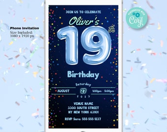 19th Birthday Invitation Template - Editable Template Digital Evite | Boys Blue Balloon Nineteenth Birthday Digital Evite