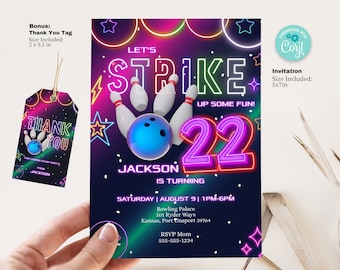 Editable 22nd Birthday Bowling Invitation - Neon Glow Bowling Birthday 5x7 printable | Instant Digital Download