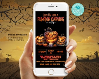 Pumpkin Carving Party Invitation Template - Halloween Invite for Phone Instant Digital Download Editable Evite