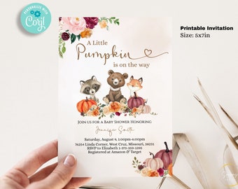 Editable Little Pumpkin Baby Shower Invitation Template 5x7, Woodland shower invite Printable BIB265