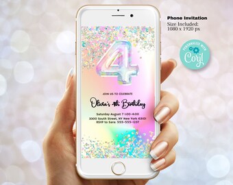 Editable 4th Birthday Invitation Template, Glitter Iridescent invitation. Holographic Invitation, rainbow evite