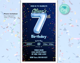7th Birthday Invitation Template - Editable Template Digital Evite | Boys Blue Balloon Seventh Birthday Digital Evite