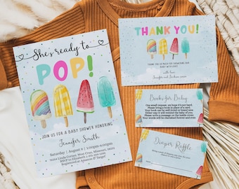 Editable Popsicle Baby Shower Invitation Template Bundle, She's Ready To Pop, Thank You, diaper raffle, books for baby card BIB133