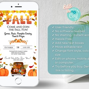 May include: Editable digital invitation for a fall festival with a truck full of pumpkins, leaves, and fall decor. The invitation includes the date, time, and location of the event. The text reads "Come and join the fall fun! Games, Music, Pumpkin Carving, Food & Prizes".