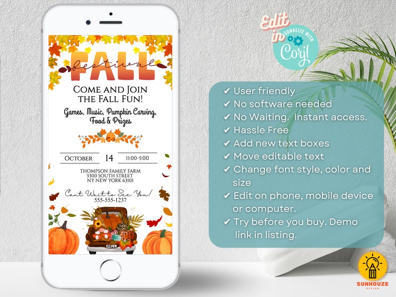 May include: Editable digital invitation for a fall festival with a truck full of pumpkins, leaves, and fall decor. The invitation includes the date, time, and location of the event. The text reads "Come and join the fall fun! Games, Music, Pumpkin Carving, Food & Prizes".