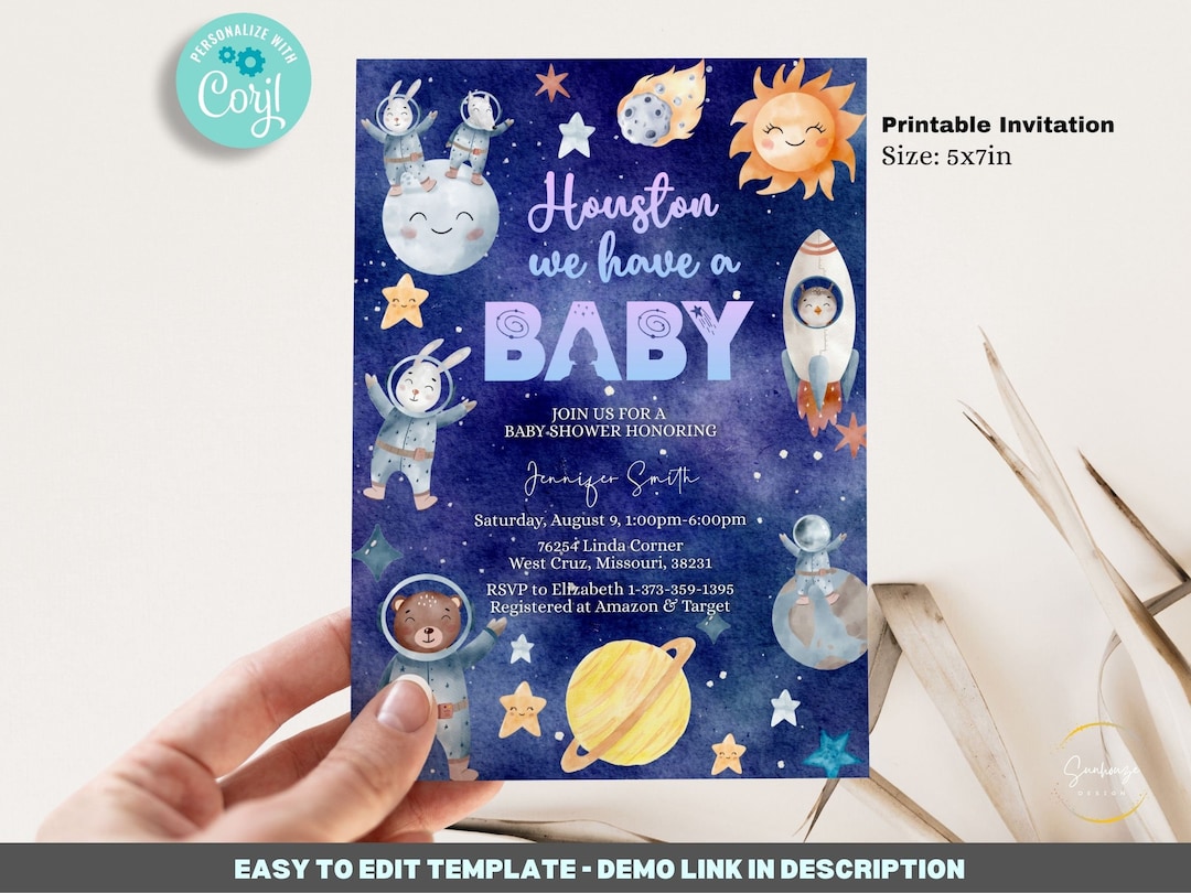 Editable Galaxy Baby Shower Invitation Template 5x7, Space Baby