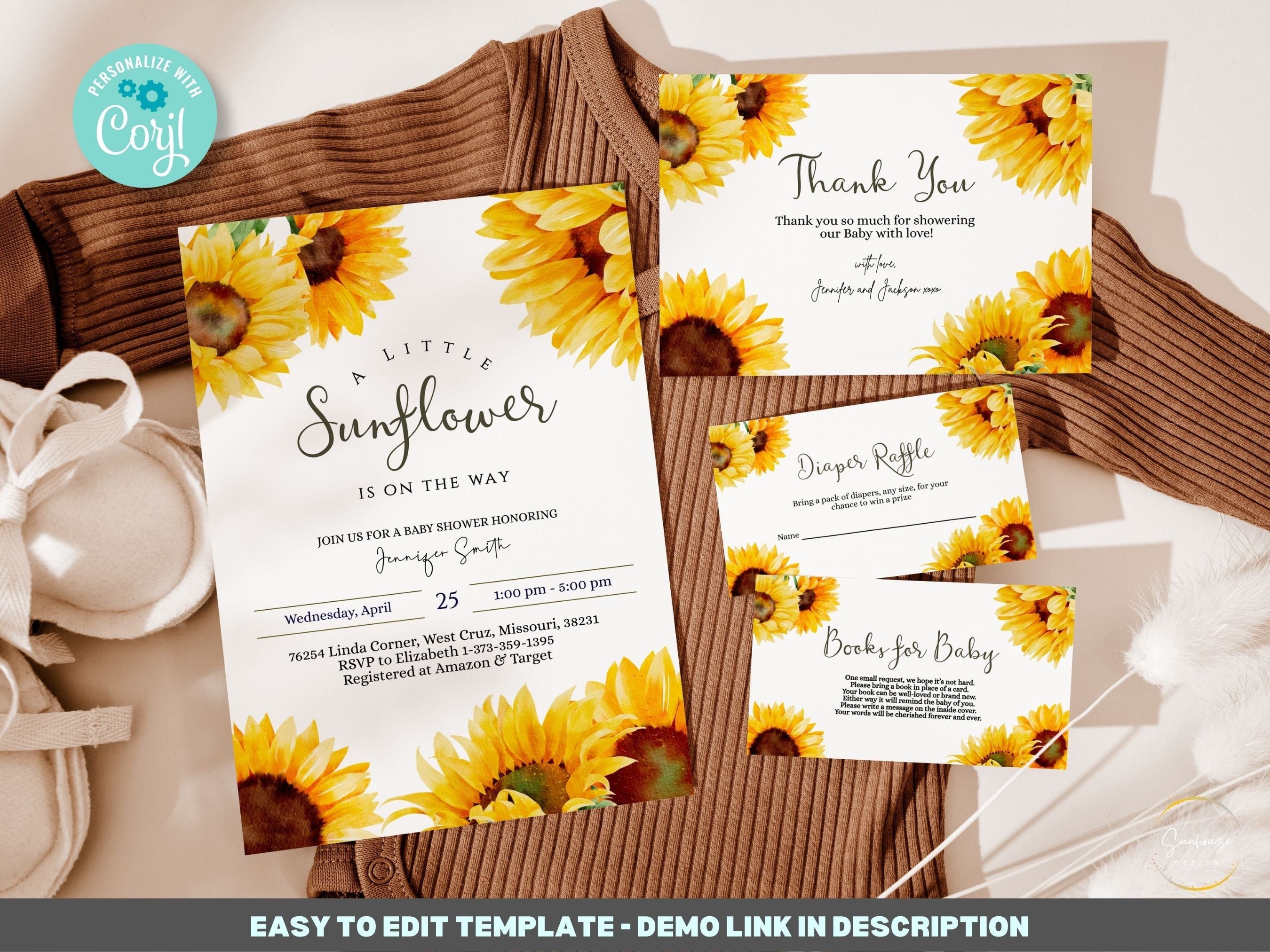 Editable Sunflower Baby Shower Invitation 5x7 incl. Printable Invitation 5x7, Thank You Card, Diaper Raffle, Books for Baby BIB223