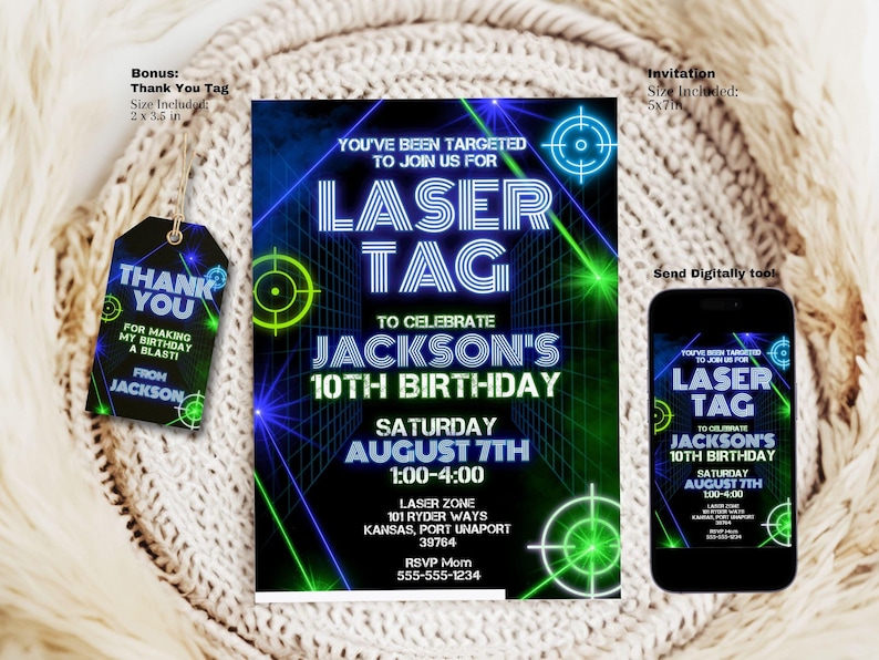 Editable Laser Tag Birthday Invitation 5x7 | Neon Boys Birthday Party ...