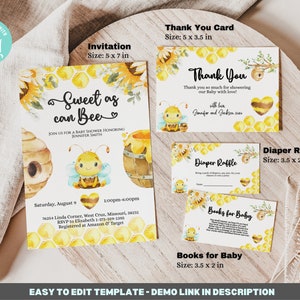May include: A set of printable baby shower invitations and cards featuring a cute bee illustration with a honeycomb pattern. The invitation is titled "Sweet as can Bee" and includes details for a baby shower honoring Jennifer Smith. The cards include a thank you card, a diaper raffle card, and a books for baby card.