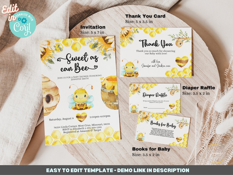 May include: A set of printable baby shower invitations and cards featuring a cute bee illustration with a honeycomb pattern. The invitation is titled "Sweet as can Bee" and includes details for a baby shower honoring Jennifer Smith. The cards include a thank you card, a diaper raffle card, and a books for baby card.