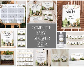 Woodland Baby Shower Complete Template Bundle, Adventure Awaits baby shower Editable invitation, Thank You Card, and more Printable BIB349