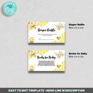 May include: Two printable cards with a bee and honeycomb theme. The first card says "Diaper Raffle" and the second card says "Books for Baby". Both cards are 3.5 inches by 2 inches.