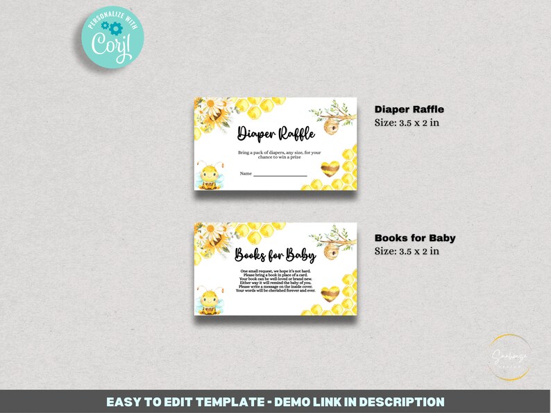 May include: Two printable cards with a bee and honeycomb theme. The first card says "Diaper Raffle" and the second card says "Books for Baby". Both cards are 3.5 inches by 2 inches.