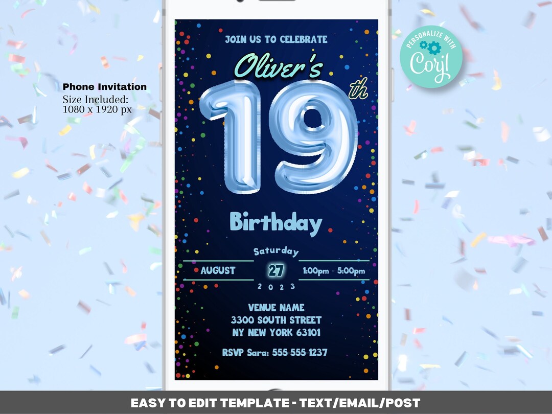 19th Birthday Invitation Template - Editable Template Digital Evite ...