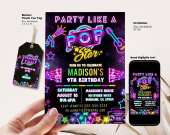 May include: A vibrant invitation for a pop star-themed 9th birthday party. The design features neon-style graphics of a microphone, guitar, and stars. Includes a thank you tag and a digital version for a smartphone.