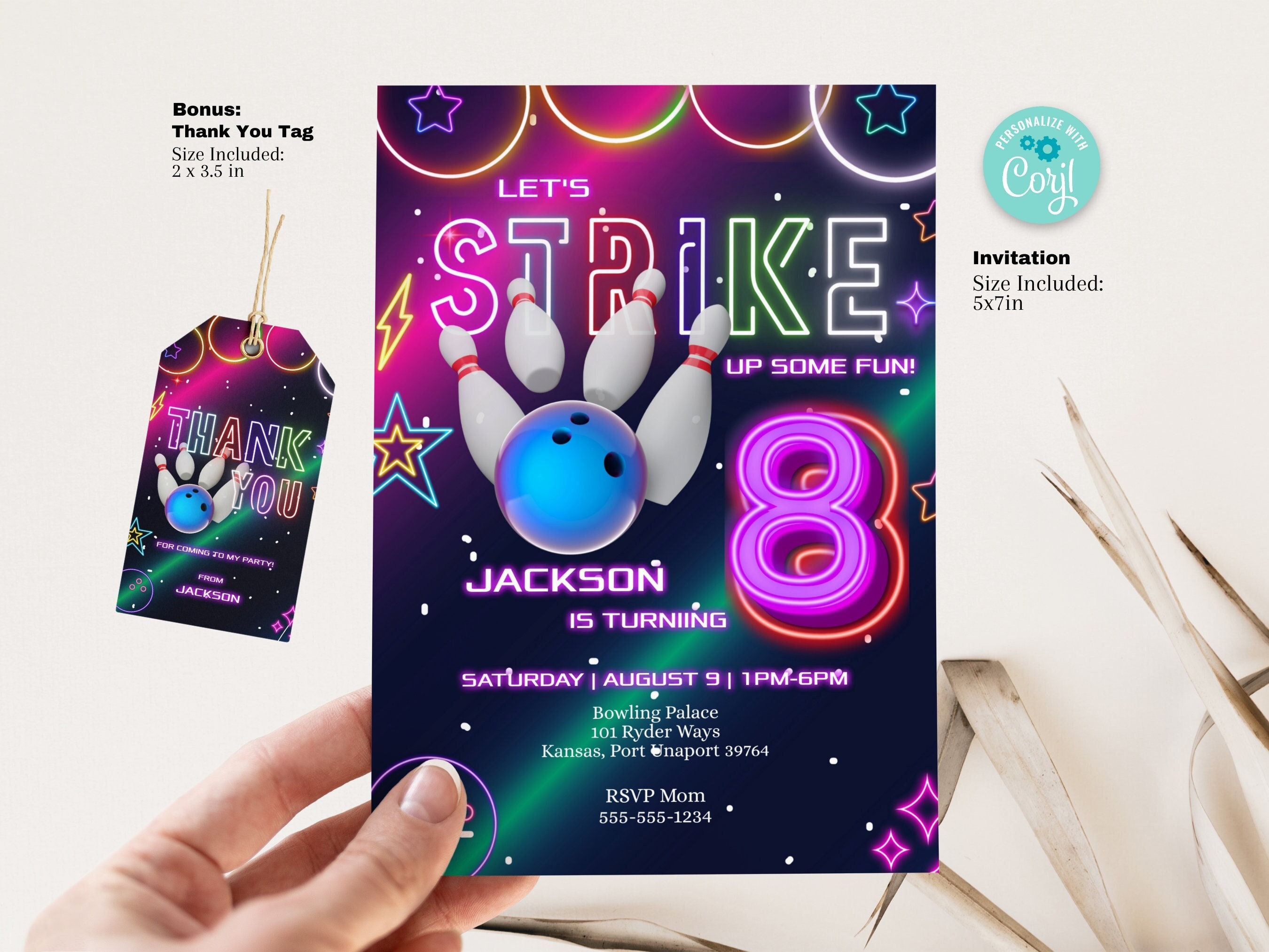 Editable 8th Birthday Bowling Invitation - Neon Glow Bowling