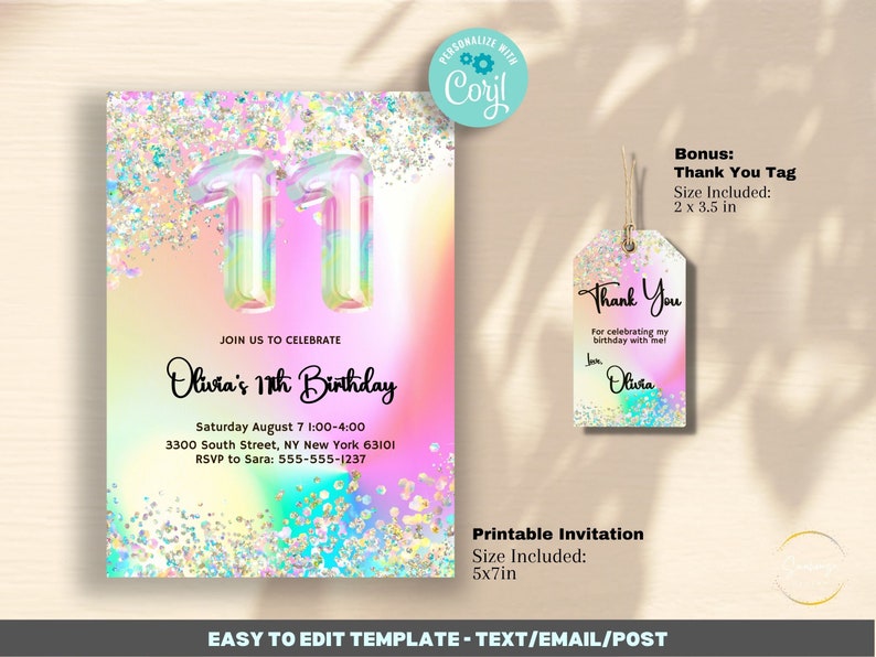 Editable 11th Birthday Invitation Template Printable, Glitter ...