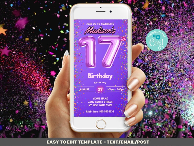 17th Birthday Invitation Template Editable Template Digital Etsy