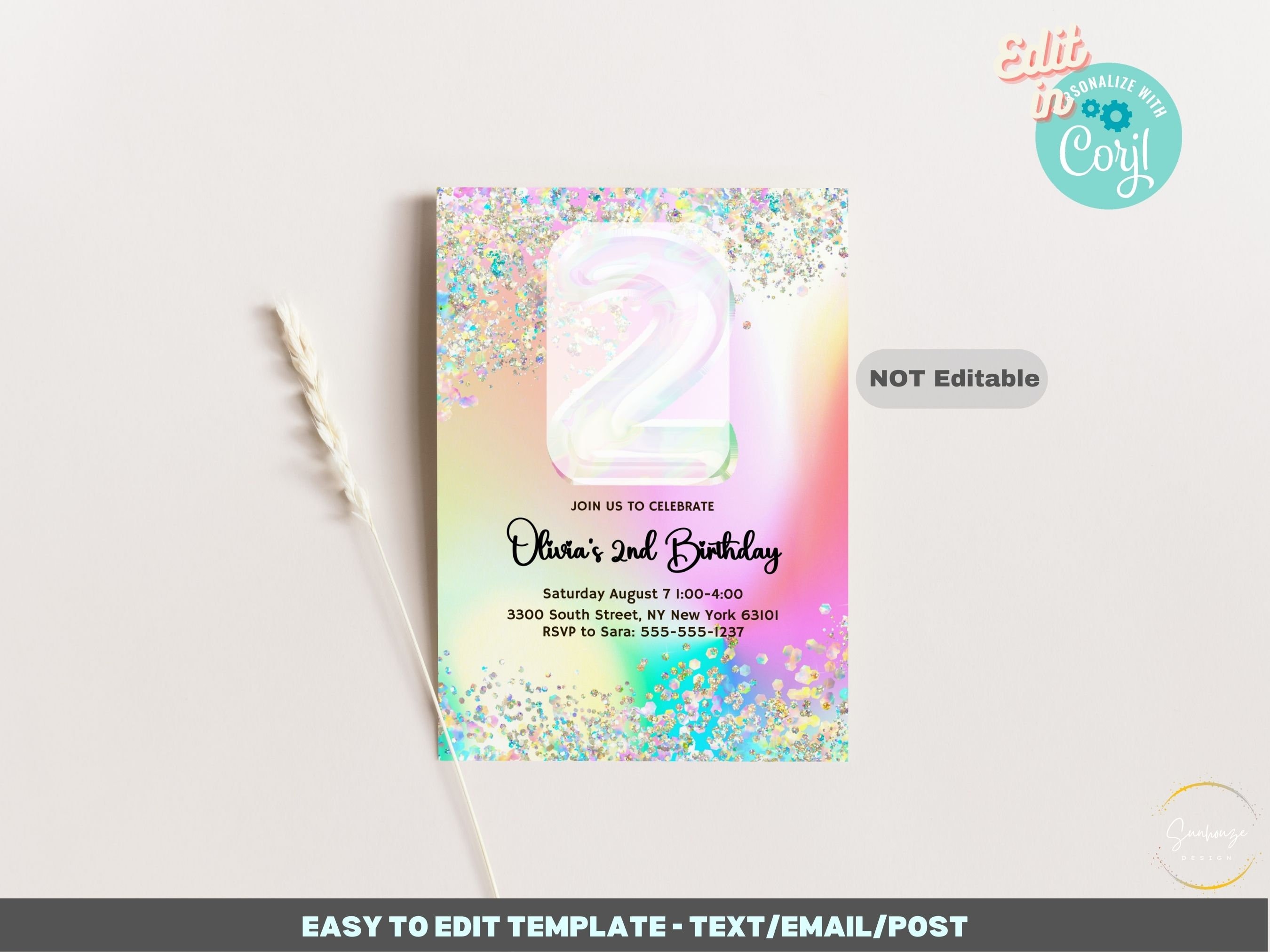 Editable 2nd Birthday Invitation Template Printable, Glitter Iridescent ...