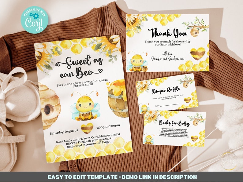 May include: A baby shower invitation with a bee and honeycomb theme. The invitation says "Sweet as can Bee" and includes details for the event, including the date, time, location, and RSVP information.