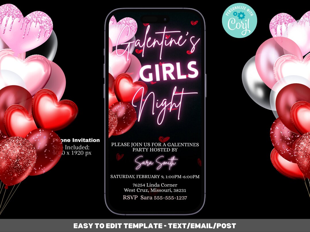 Galentine's Girls Night Invitation Template: Editable Smartphone Evite ...