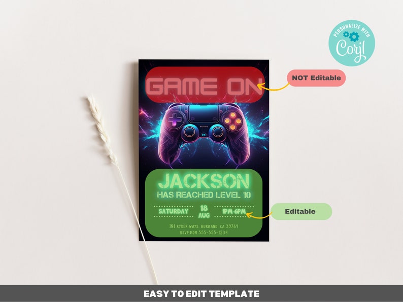 Editable Video Game Party Invitation Neon Glow Gamer Birthday Party 5x7 ...