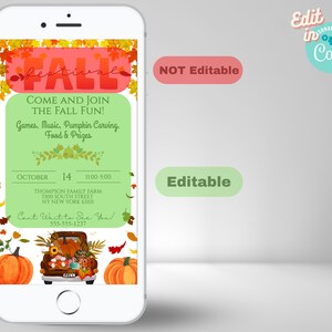 May include: A digital invitation for a fall festival with a green background and a red banner that says "Fall Festival". The invitation includes details about the event, such as the date, time, location, and contact information. The image also features a cartoon truck filled with pumpkins and fall leaves.