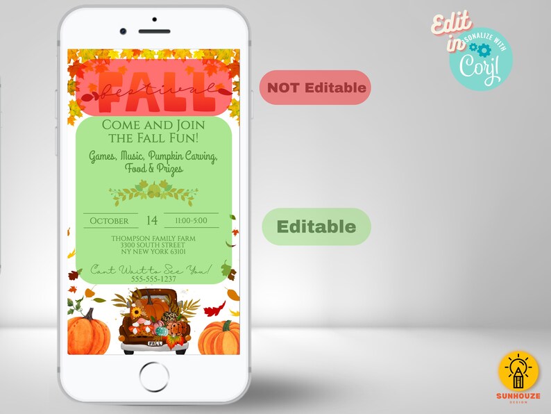 May include: A digital invitation for a fall festival with a green background and a red banner that says "Fall Festival". The invitation includes details about the event, such as the date, time, location, and contact information. The image also features a cartoon truck filled with pumpkins and fall leaves.