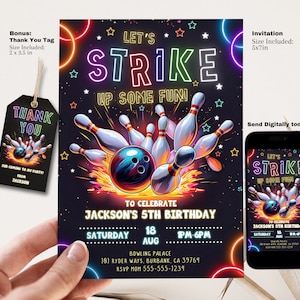 Modèle modifiable d'invitation d'anniversaire de bowling, anniversaire de bowling fluorescent néon, invitation de partie de bowling 5 x 7 imprimable | Téléchargement numérique instantané