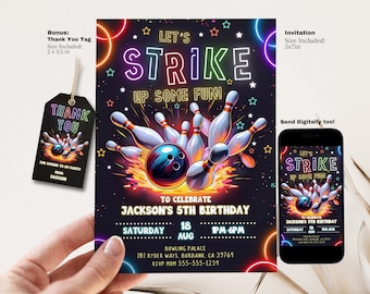 Editable Bowling Birthday Invitation template, Neon Glow Bowling Birthday, Bowling Party Invitation 5x7 printable | Instant Digital Download