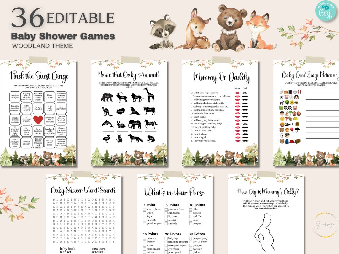 Editable Woodland Baby Shower Games Bundle, Editable Template, Woodland