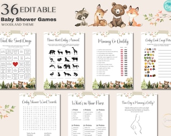 Editable Woodland Baby Shower Games Bundle, Editable Template, woodland theme baby shower games, forest baby shower, Printable BIB346