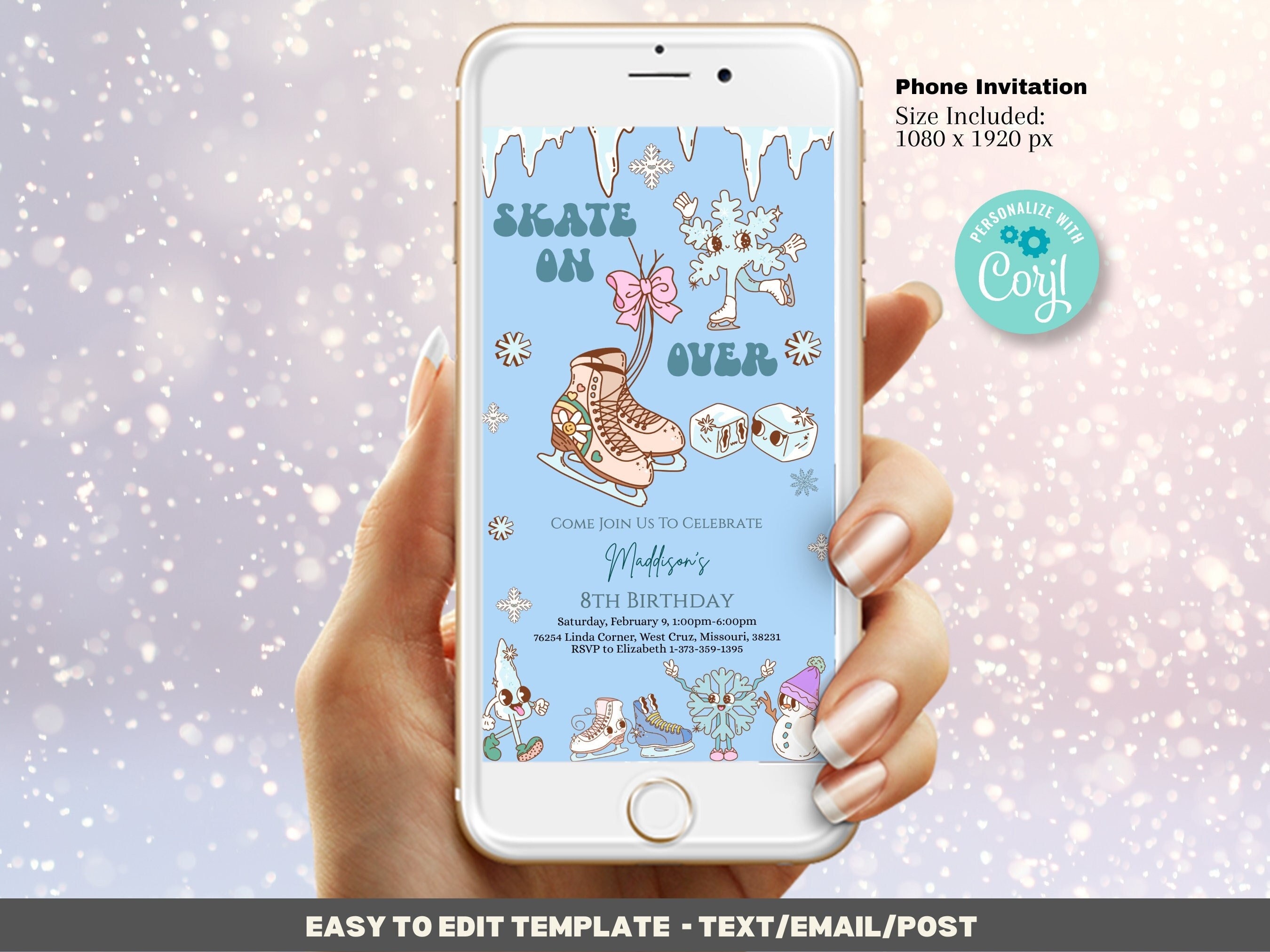 Ice Skating Invitation Template, Skate Invite, Skate on Over - Digital Invitation for Phone - Downloadable Editable Evite