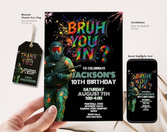 Invitación de cumpleaños editable con temática de paintball: ¿Te apuntas, colega? Invitación para fiesta con etiqueta de agradecimiento, descarga instantánea para niños preadolescentes y adolescentes.