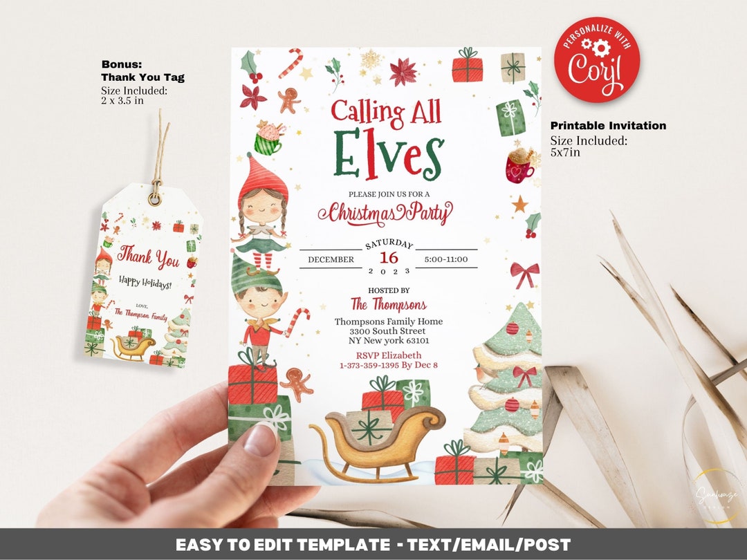 Editable Calling All Elves Invitation Template - Christmas Holiday ...