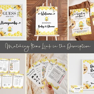 May include: A set of printable baby shower game cards featuring a bee and honeycomb theme. The cards include games like "Guess How Many Honeycombs", "Sweet as Can Be", "Old Wives Tales", and "Diaper Raffle".