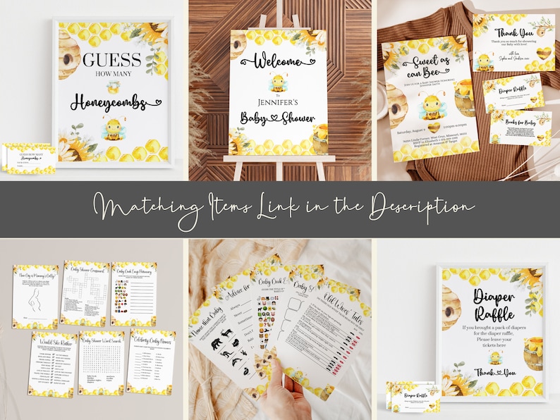 May include: A set of printable baby shower game cards featuring a bee and honeycomb theme. The cards include games like "Guess How Many Honeycombs", "Sweet as Can Be", "Old Wives Tales", and "Diaper Raffle".