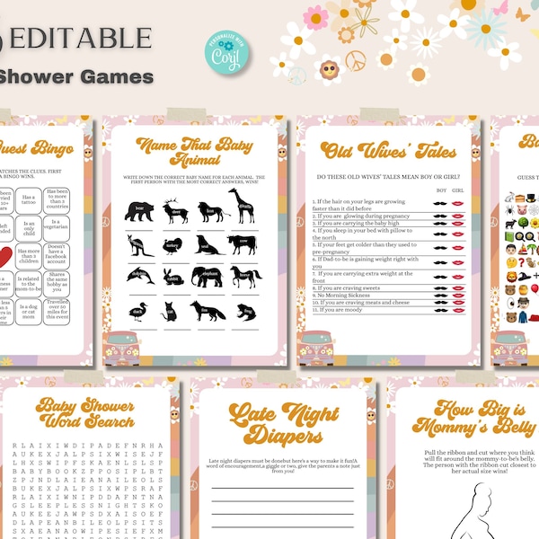 Editable Groovy Baby Shower Games Bundle, Editable Template, 70s theme baby shower games, hippie baby shower, Printable BIB257