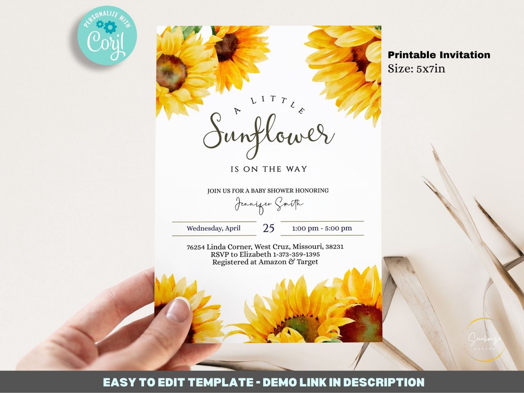 Editable Sunflower Baby Shower Invitation 5x7, Rustic Baby Shower, Incl ...