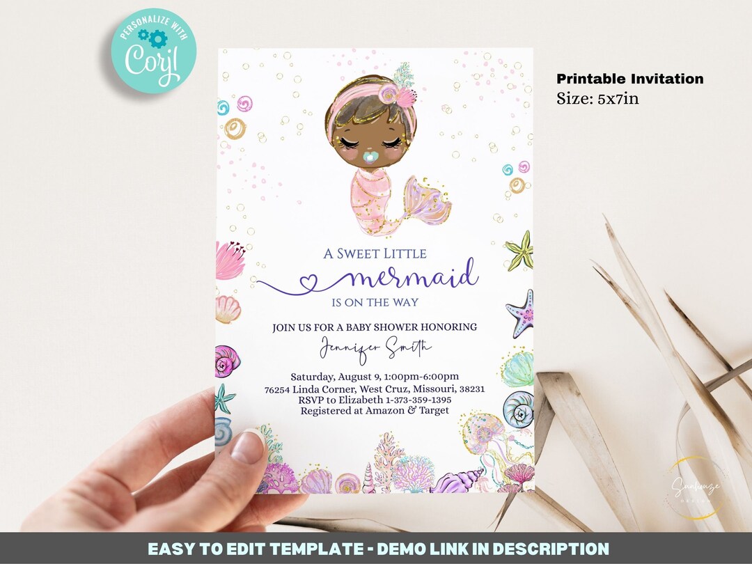 Editable Mermaid Baby Shower Invitation Template BUNDLE, African ...