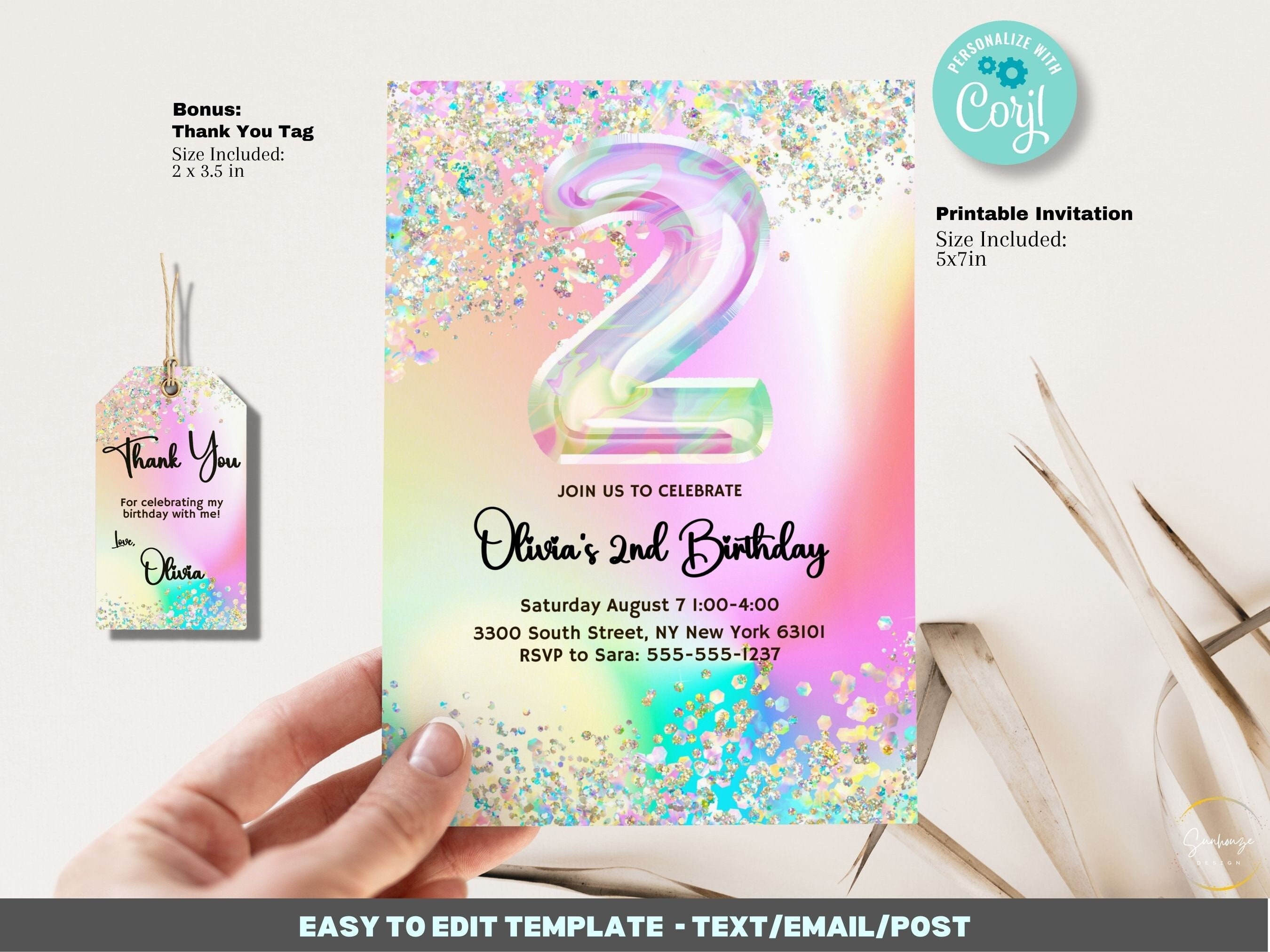 Editable 2nd Birthday Invitation Template Printable, Glitter Iridescent ...