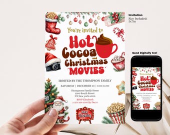 Peut inclure: Une invitation festive pour un événement "Chocolat chaud et films de Noël". Le design présente une tasse de cacao rouge, des décorations de Noël et une illustration du Père Noël. L'invitation mesure 12,7 cm x 17,8 cm.