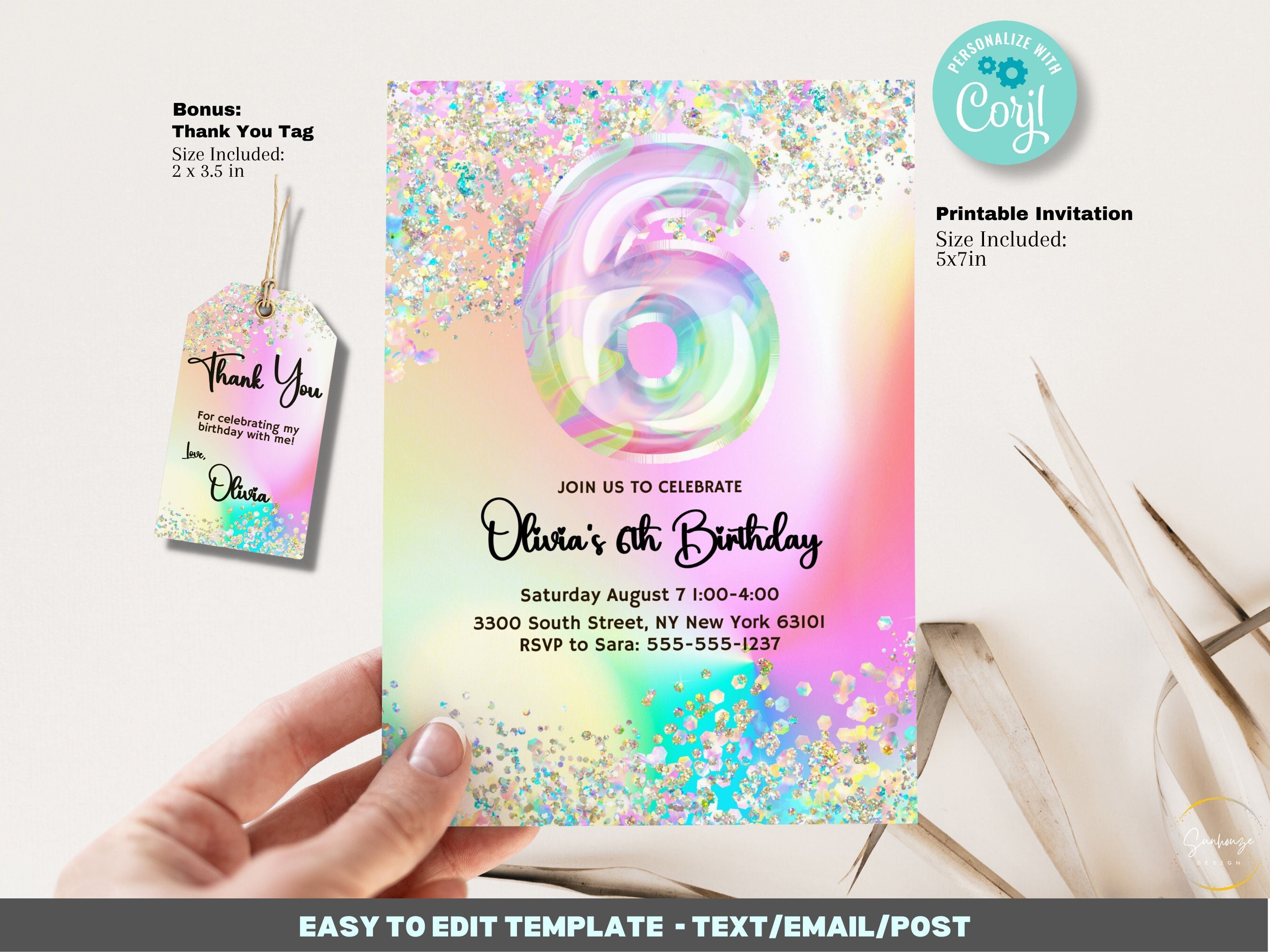 Editable 6th Birthday Invitation Template Printable, Glitter Iridescent ...
