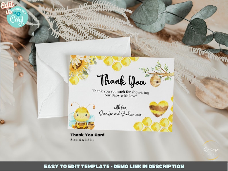 May include: A thank you card with a bee and honeycomb design. The card is white with yellow and brown accents. The text on the card reads "Thank You" and "Thank you so much for showering our Baby with love! with love, Jennifer and Jackson xoxo". The card also includes the text "Thank You Card Size: 5 x 3.5 in".