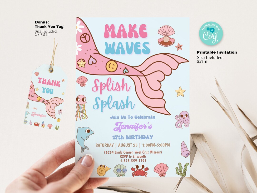 Editable Groovy Mermaid Pool Party Invitation Template Printable 5x7 ...