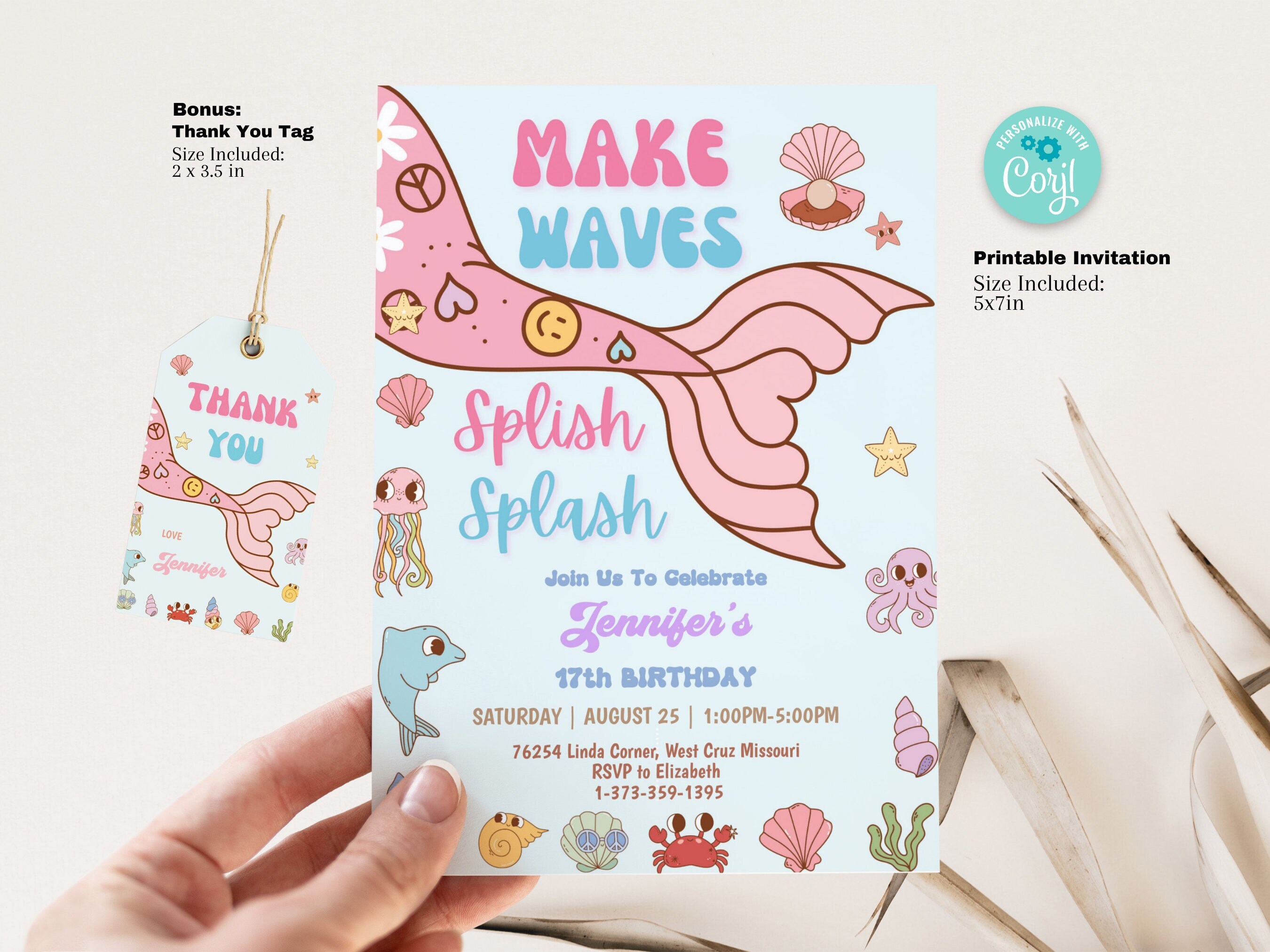 Editable Groovy Mermaid Pool Party Invitation Template Printable 5x7 ...