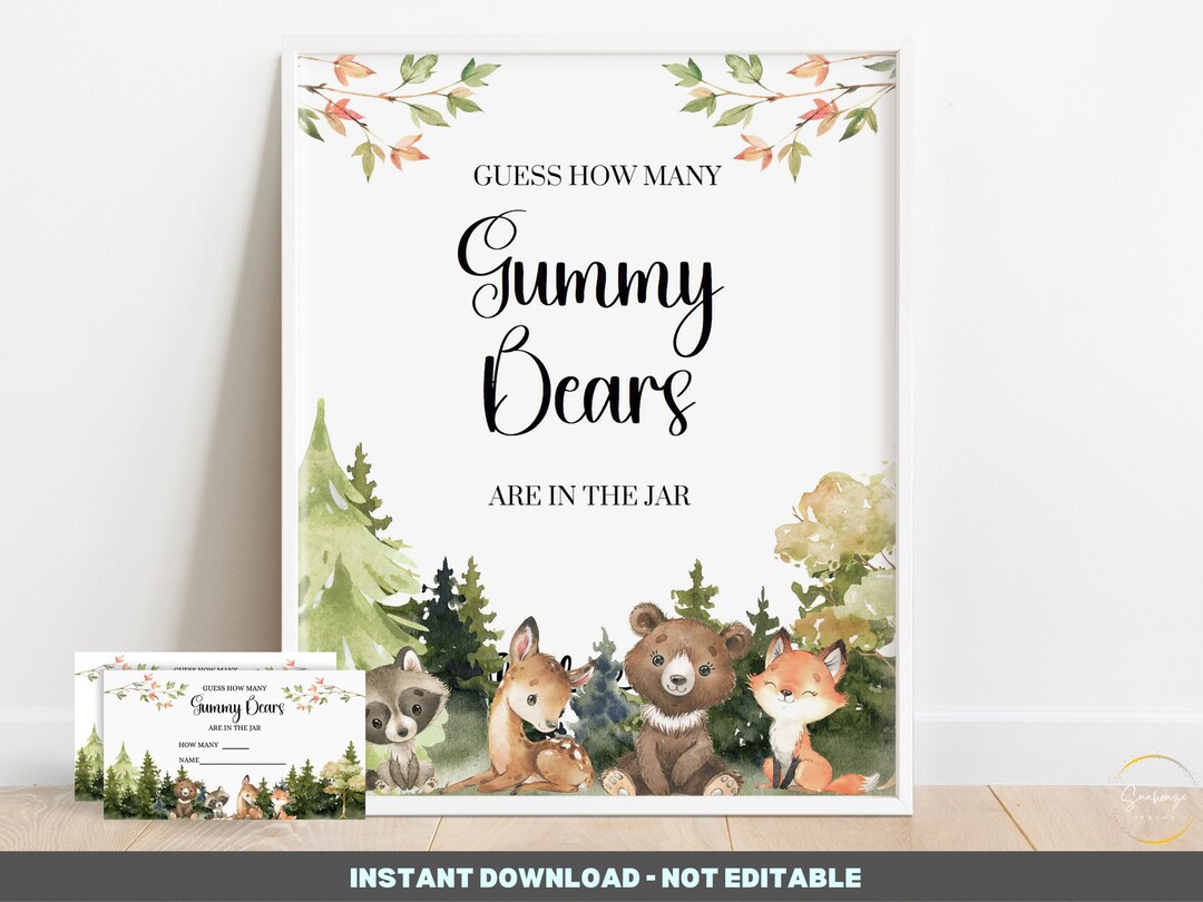 Woodland Guess How Many Gummy Bears Game Sign - Woodland Baby Shower ...