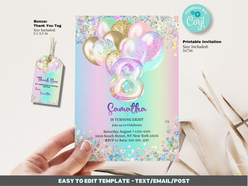 Editable 8th Birthday Invitation Template Printable, Glitter Iridescent ...