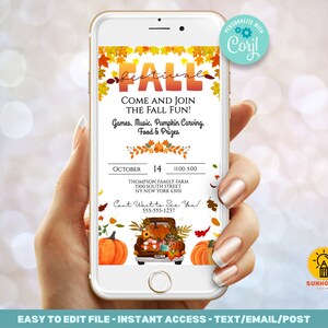 May include: A mobile phone screen displaying a fall festival invitation with a truck full of pumpkins and fall leaves. The invitation includes the text "Come and join the fall fun!" and details about the event, including the date, time, location, and contact information.