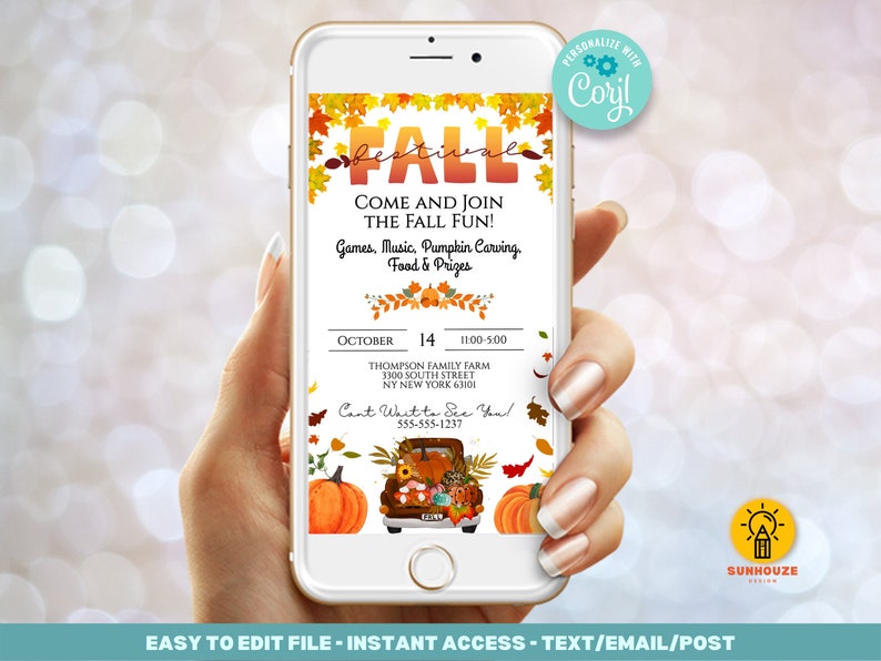 May include: A mobile phone screen displaying a fall festival invitation with a truck full of pumpkins and fall leaves. The invitation includes the text "Come and join the fall fun!" and details about the event, including the date, time, location, and contact information.